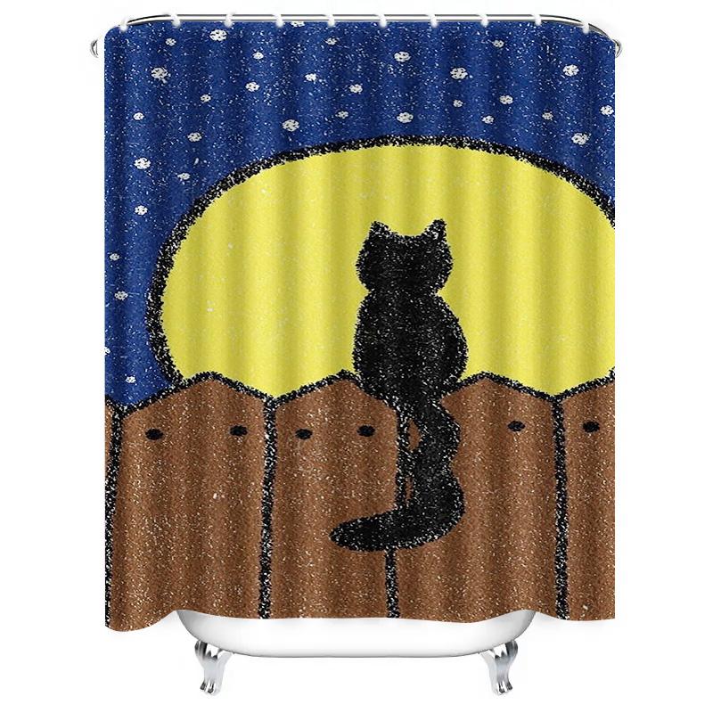 Black Cat on Fence Under Moon Waterproof Shower Curtain Heat Resistant Machine Washable Non-Transparent 180x180cm