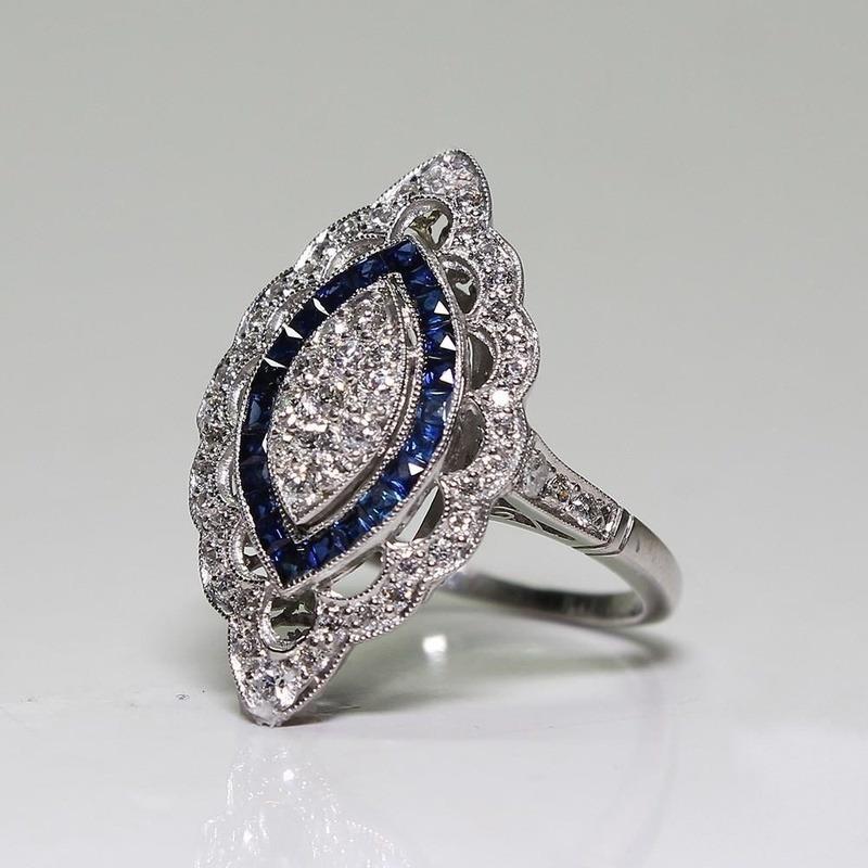 Antique Art Deco Silver Sapphire and Diamond Ring Bridal Wedding Marriage Engagement