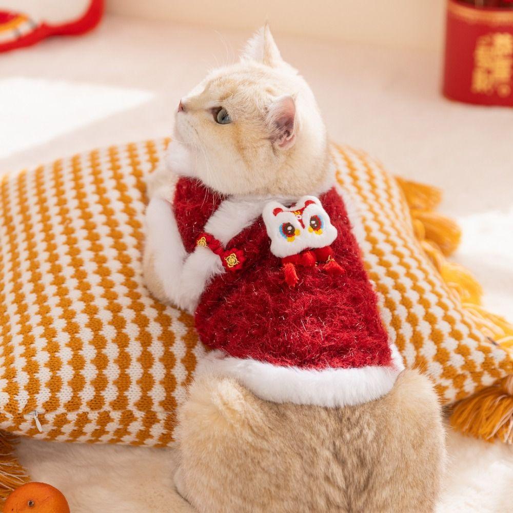 New Chinese Style Pets Coats Thicken Warm Pet Sweatshirt Anti-static Red Cat Pullover New Year