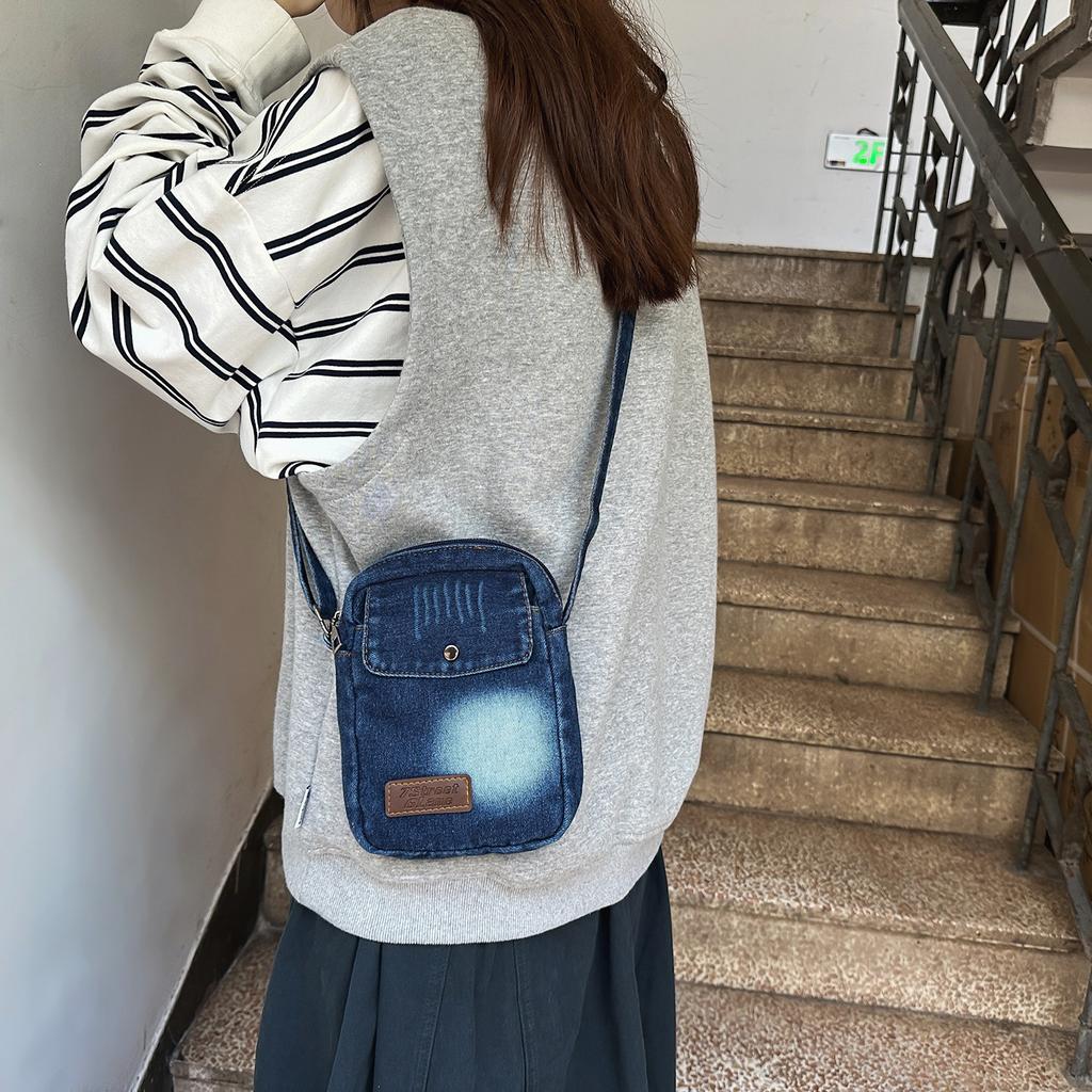 Simple Denim Small Square Bag Versatile Casual Shoulder Bag College Student Class Crossbody Commuting Foreign Style Mobile Phone Bag