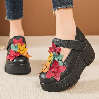 Moda GKTINOO 2025 Primavera Flores Étnicas Sapatos de Salto Alto Femininos Sapatos de Couro Genuíno Salto Plataforma Sapatos Casuais Femininos