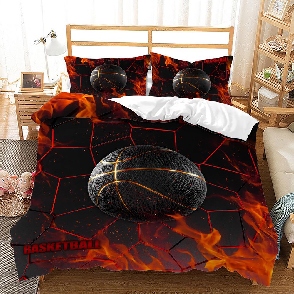 Basketball Duvet Cover Set Cool Orange Lightning Background Bedding Set King Queen Size for Boys Teens Polyester Comforter Cover