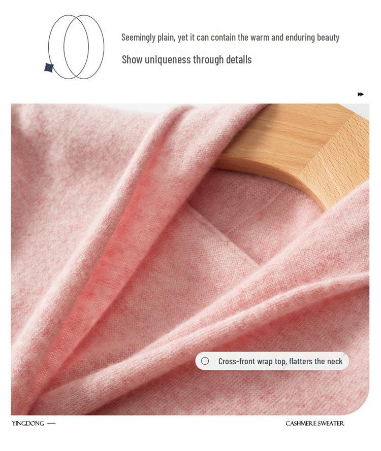Elegant Slim-Fit Cross V-Neck Cashmere Knit Sweater - Women's Autumn Solid Color Pullover