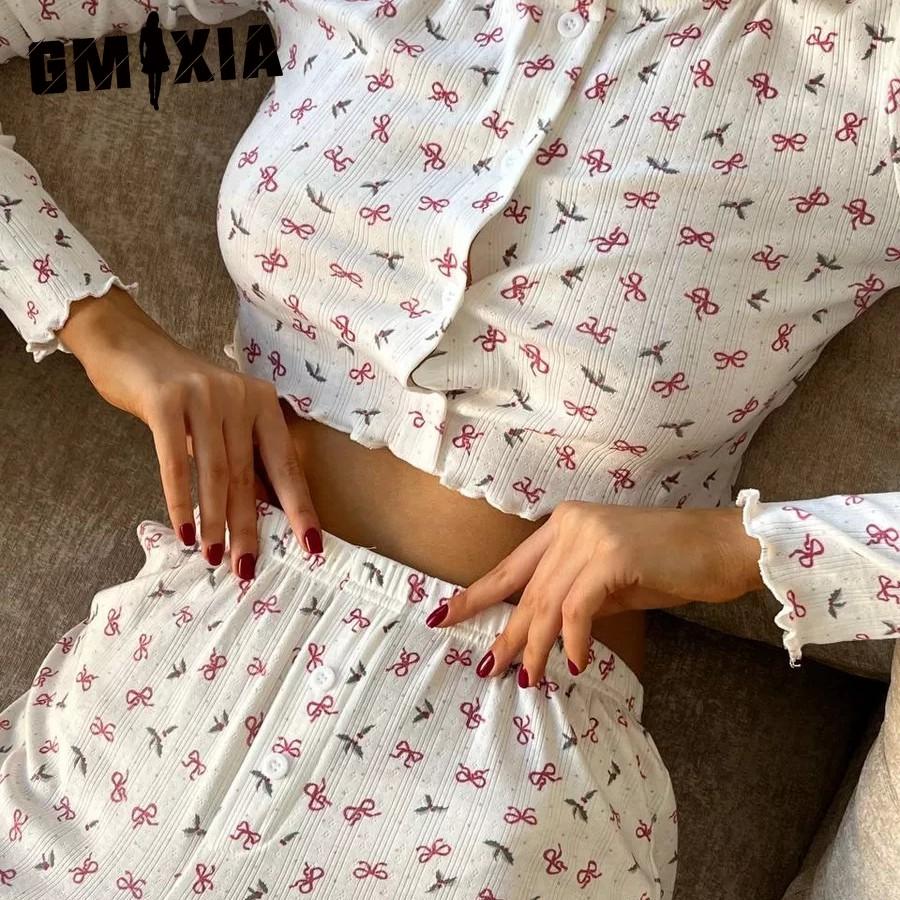 GMXIA Autumn/Winter Knitted Designer Cotton Printed Long Sleeve Trouser Set