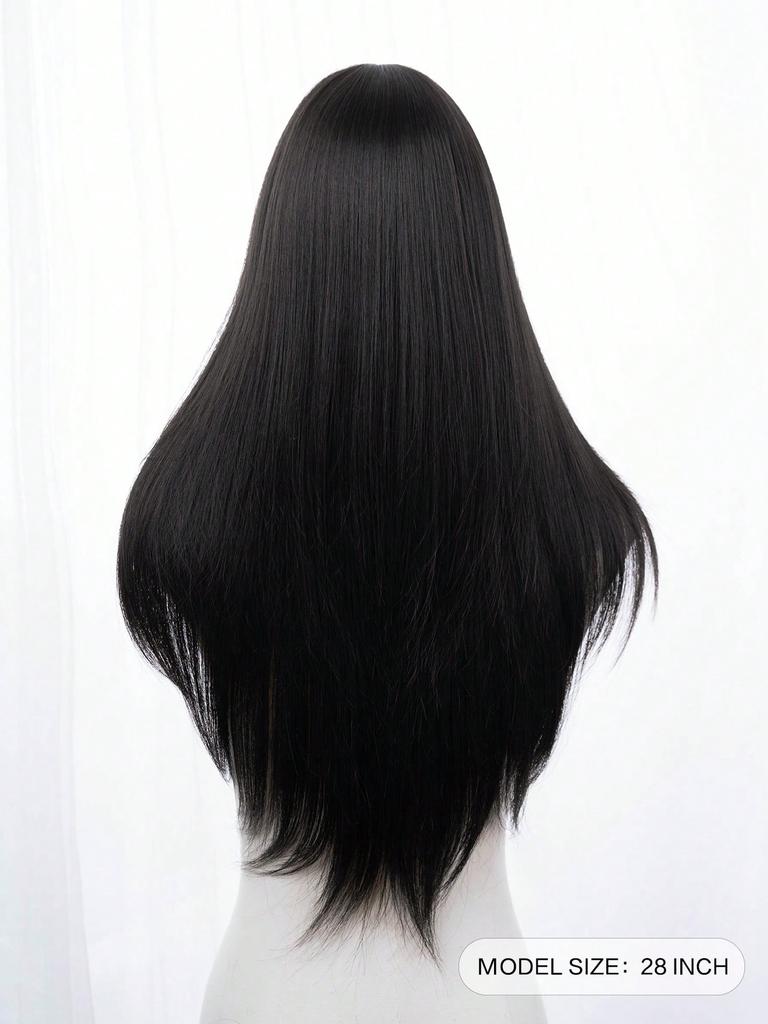 Ashely Black Brown Synthetic Heat-Resistant Straight Hair Wigs with Bangs Suitable for Daily Use Natural and Realistic False Wig