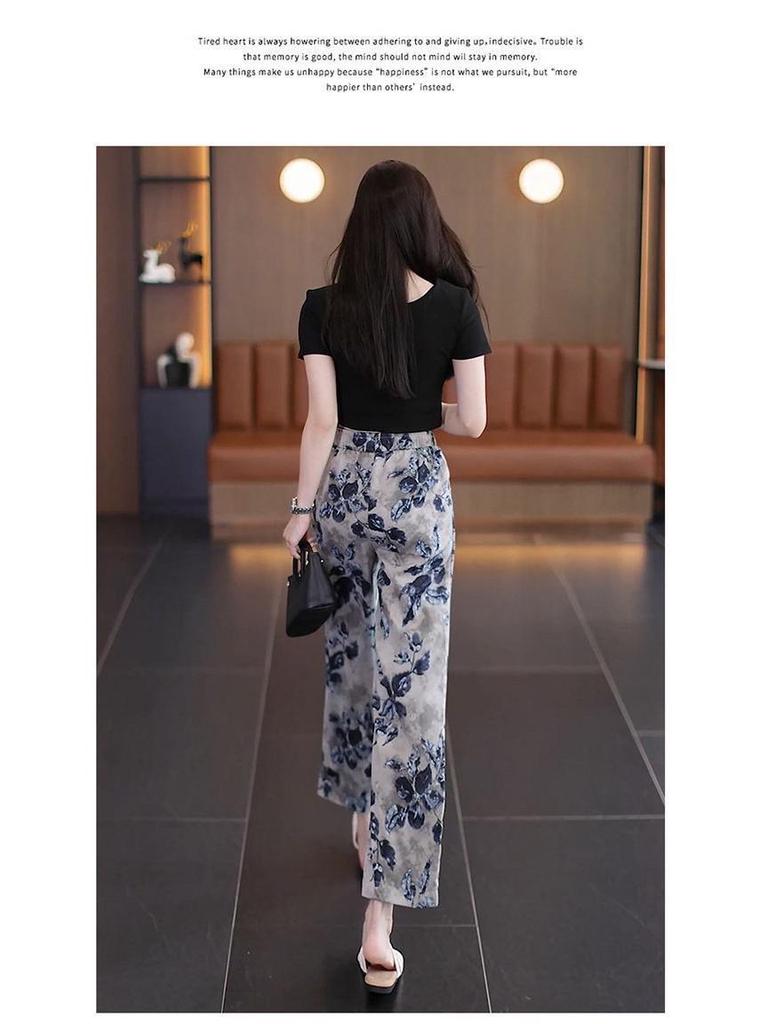Ice Silk Printed Wide-Leg Women's Pants - Summer 2026, Elastic Waist, Loose Nine-Point Casual Straight-Leg Design