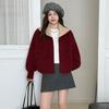 Women Beige Navy Collar Coat Toggle Button Pocket Loose Woolen Short Clothes