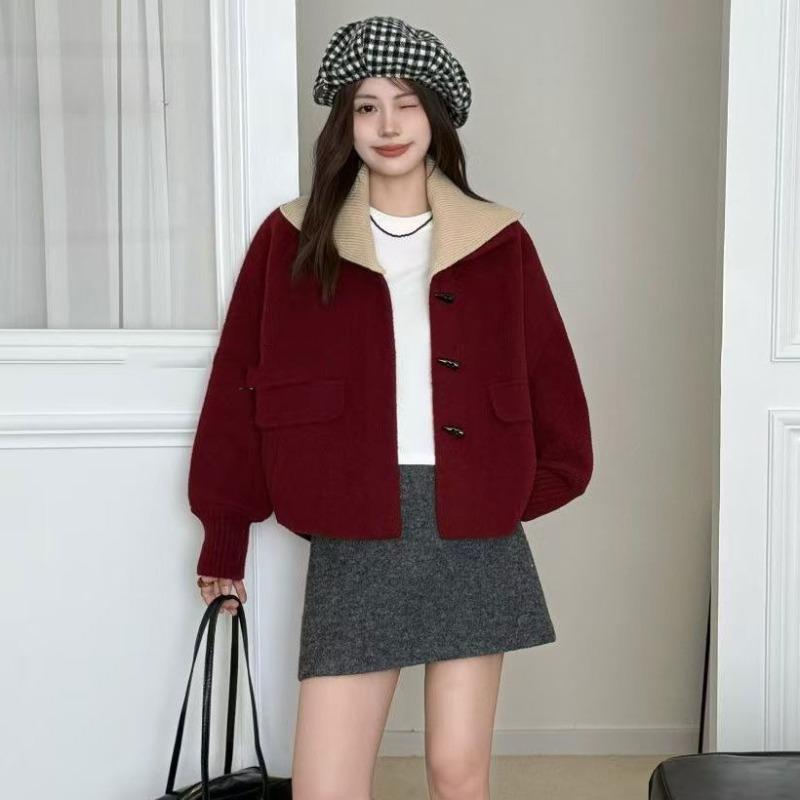 Women Beige Navy Collar Coat Toggle Button Pocket Loose Woolen Short Clothes