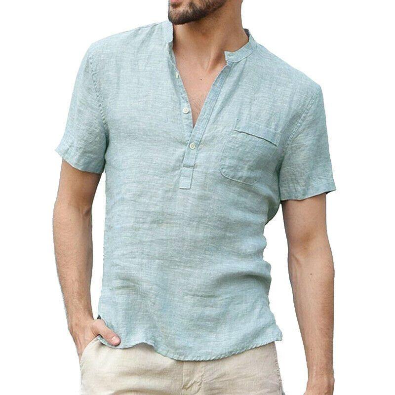 

Summer Men Henley T Shirt Tops Casual Loose V Neck Short Sleeve Pullover Tee M светло-синий
