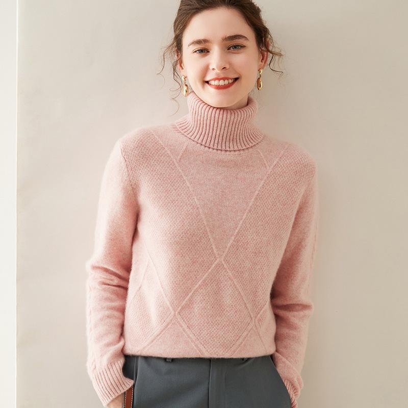 Women's Diamond Knit Cashmere Turtleneck Sweater - Thick, Stylish Base Layer for Autumn/Winter Outfits