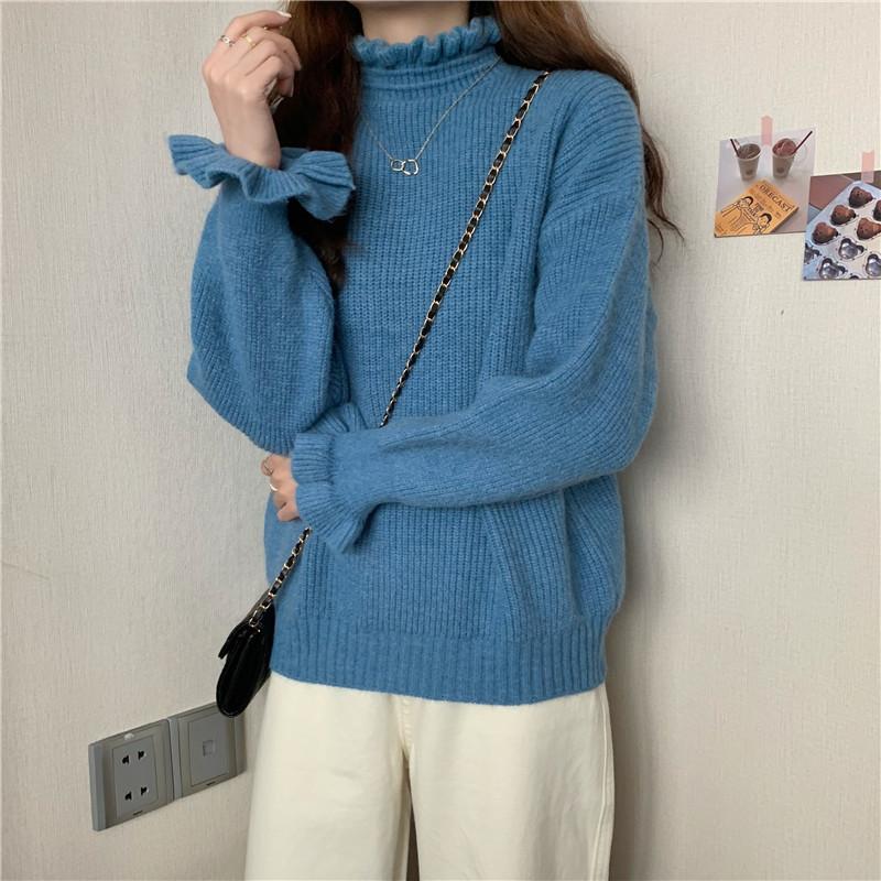 Autumn Winter Ruffles Half High Collar Solid Bottomed Sweater Women Simple All-match Pullover Knitting Top