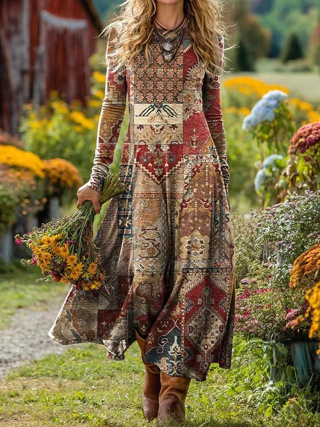 Women's Mid-Length Bohemian Retro Print A-line Dress for Holidays
