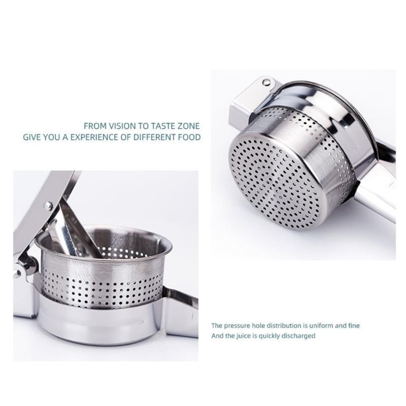 Manual Kitchen Juicers Press With Long Handle, Perforated Strainer Basket, and Steel Construction for Home Food Preparation