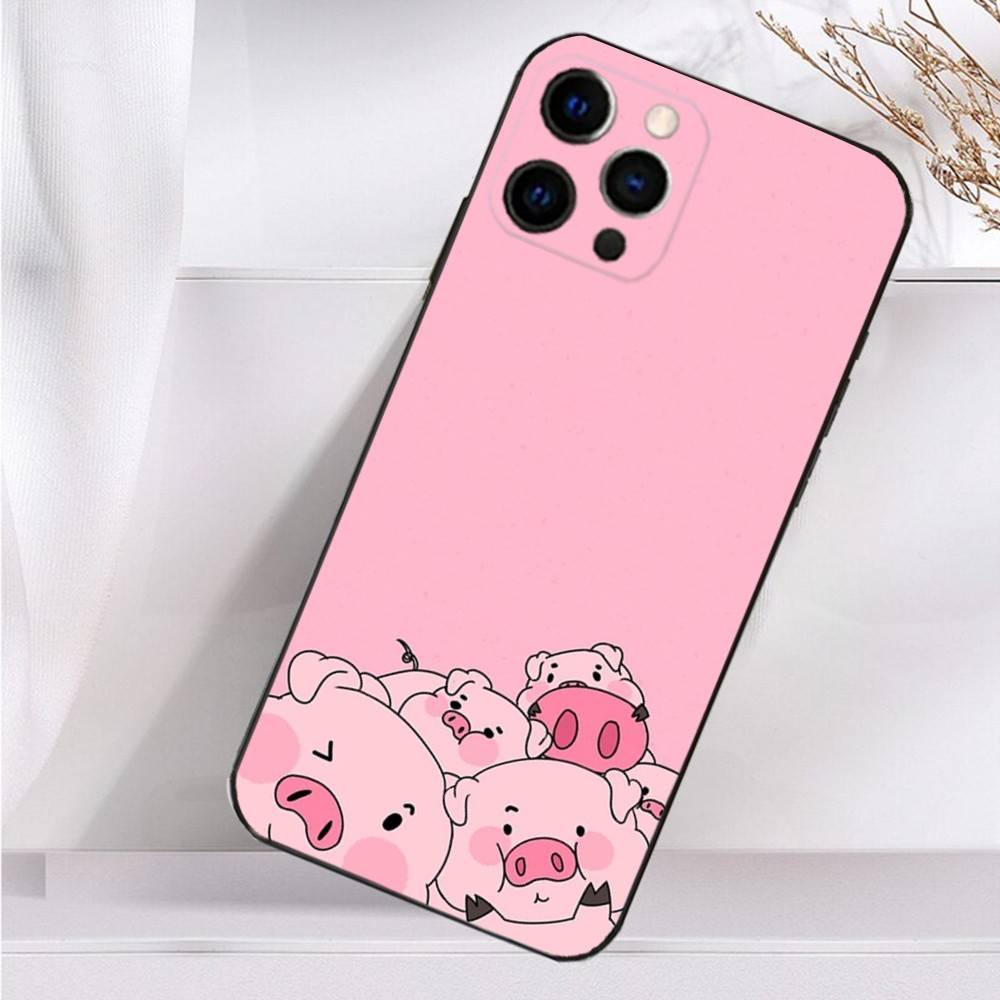 Cute Cartoon Animals Piggy Phone Case For iPhone 16,15,14,13,12,11 Plus,Pro Max,XS,X,XR,SE,Mini,8,7 Soft Silicone Black Cover