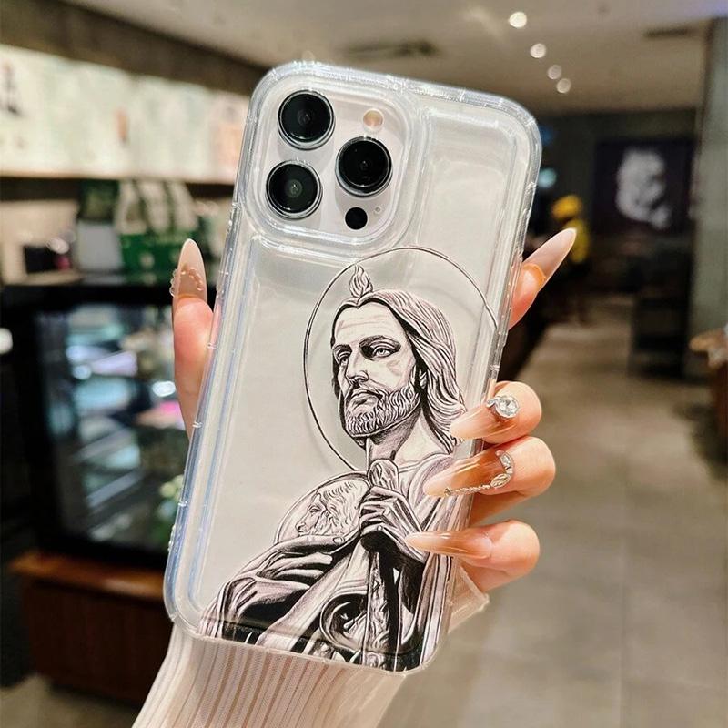For Samsung S25 Ultra Saint Jesus Print Clear Phone Case for Galaxy S23 S22 S24 Plus FE A14 A34 A54 A15 A35 A55 Silicone Cover