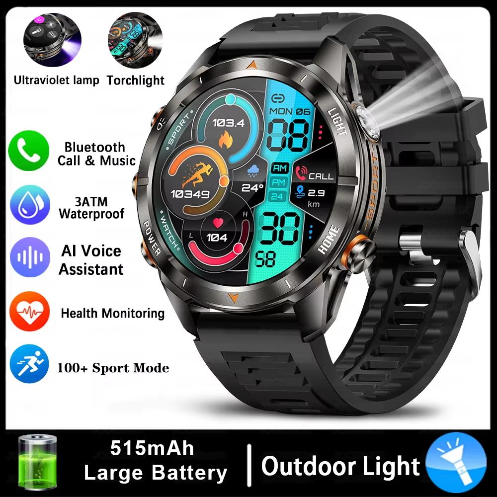 

New Sport Smart Watch Men 1.46 AMOLED Screen LED 10ATM Waterproof Flashlight 515mAh Battery Heart rate BT Call Smartwatch чорний