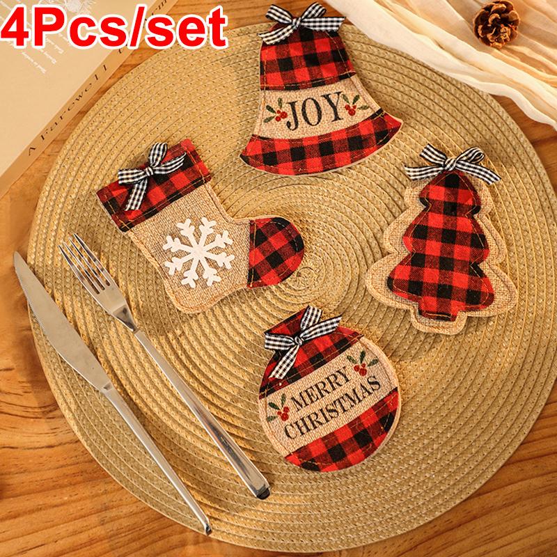 

1/4 шт. декоративные ножи для дома, клетчатая ткань, столовая, Рождественская сумка для столовых приборов, ужин, Новый год, вечеринка