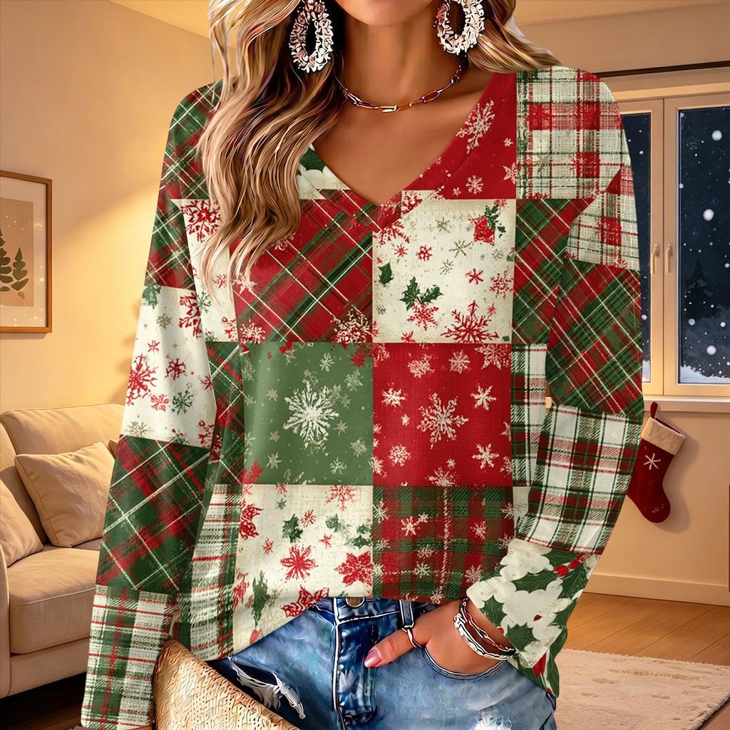 Women's V-Neck Long Sleeve Lightweight Top with Christmas Print for Spring and Summer