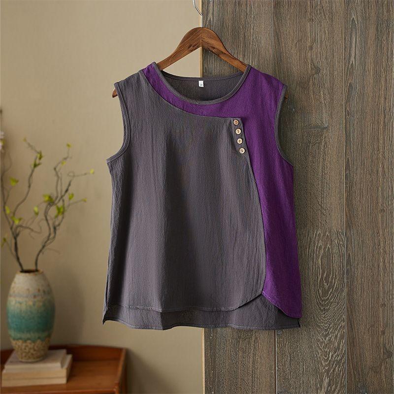 Women Color Block Sleeveless Top Round Neck Side Button Casual Loose Fit Linen Blend Tank Top