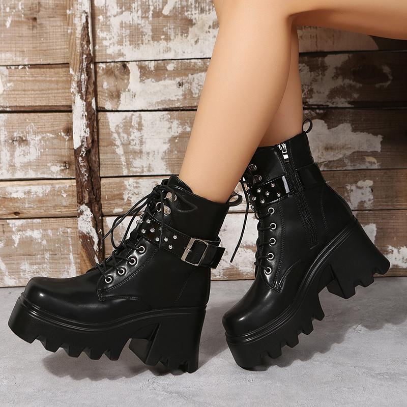 Punk Platform Boots Women 2025 New Motorcycle Boots Women Buckle Straps Women Ankle Boots Chunky Heel Lace Up Shoes