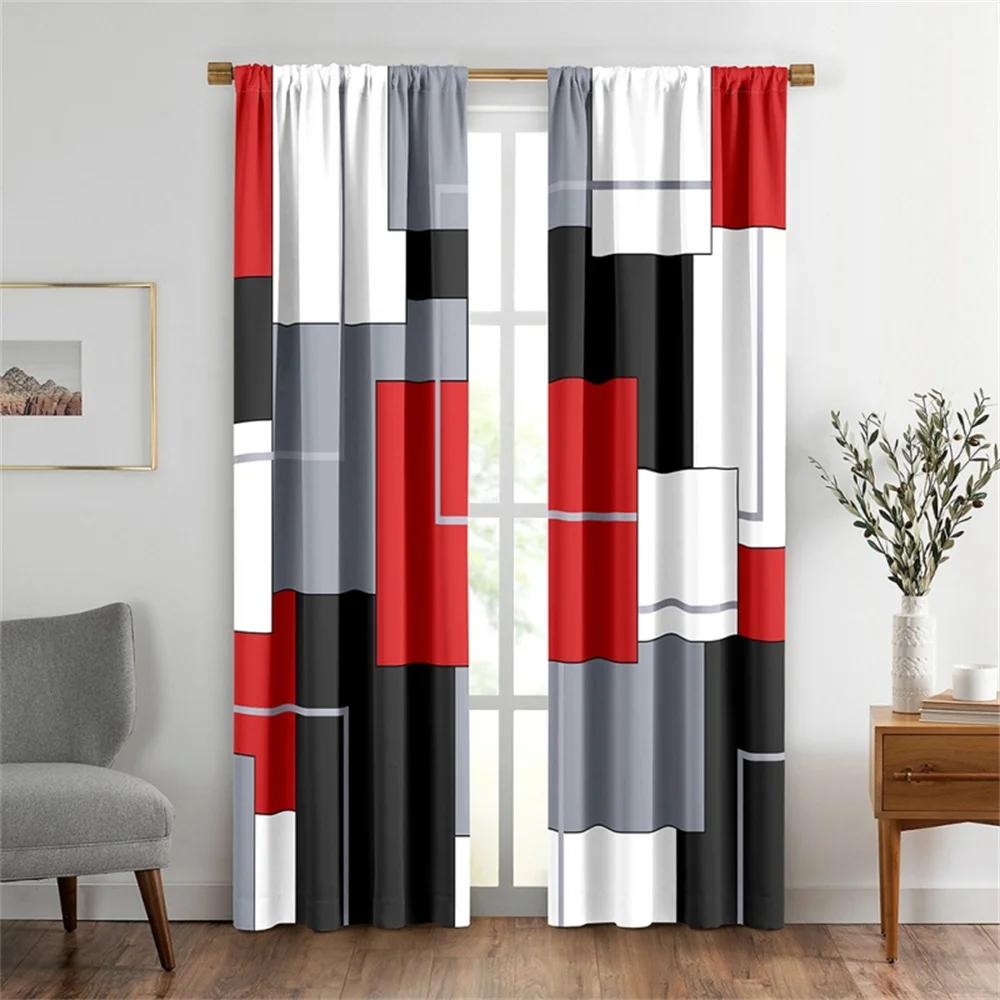 2PCS Abstract Geometric Stripes Rectangles Red Black Modern Light Filtering Curtains for Living Room Bedroom Window Drape Decor
