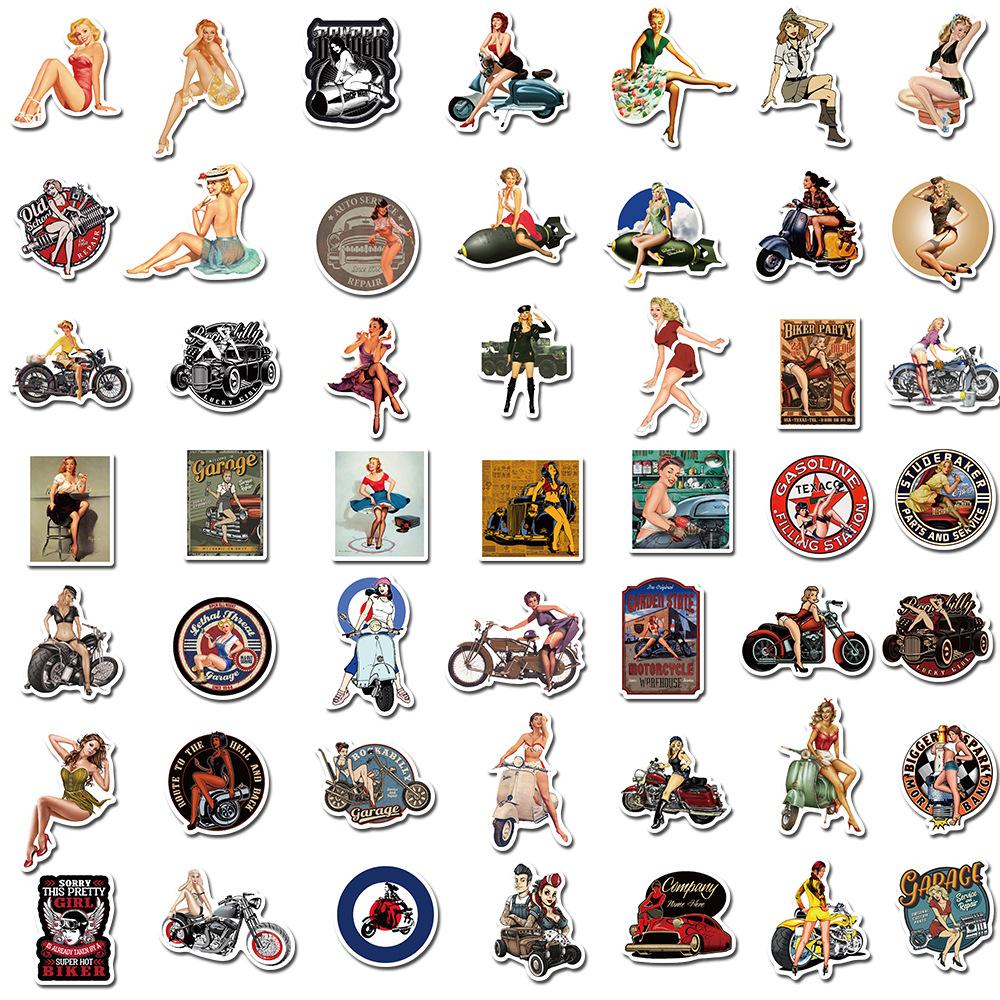 100 Motorcycle Retro Girl Doodle Stickers Mobile Phone Case Skateboard Suitcase Super Waterproof Stickers