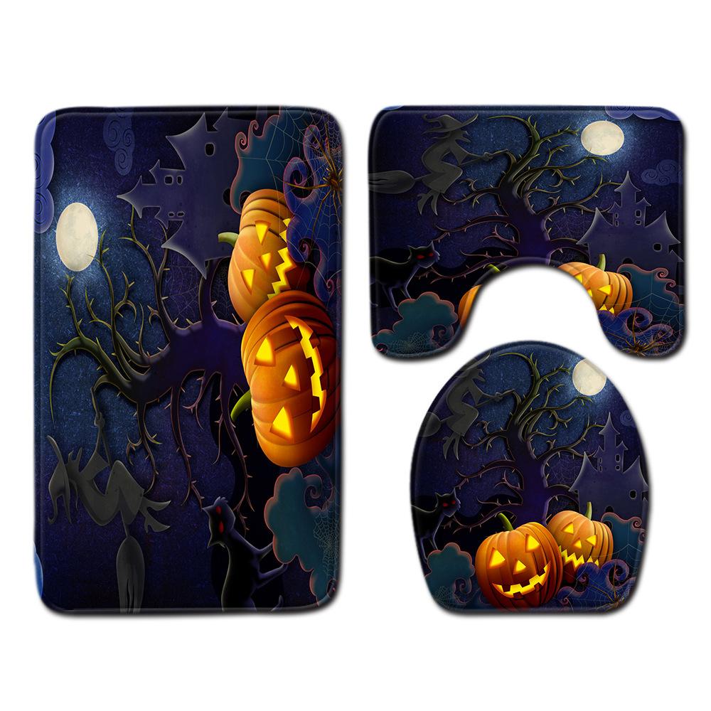 Halloween Duschvorhang Bodenmatte Kombination Vierteilige Haushalts-Fußmatte Schlafzimmer Rutschfester Teppich