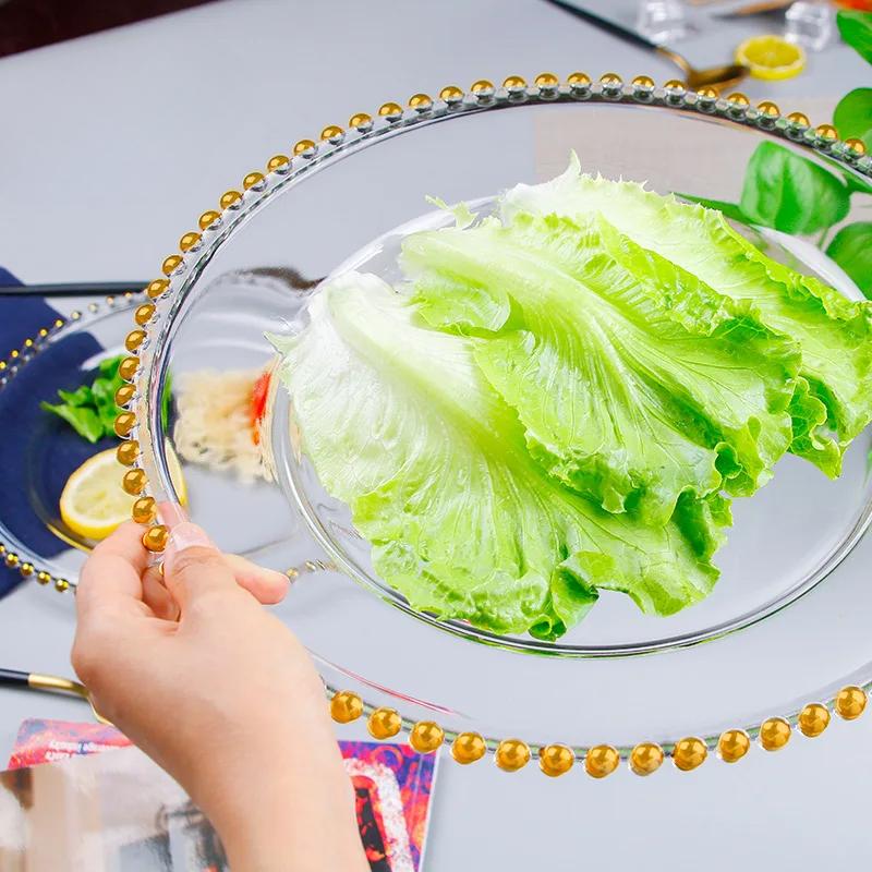 Household Crystal Glass Plate Creative Golden Trim Pearl Plate Fruit Plate Western Pallet European Transparent Dinner