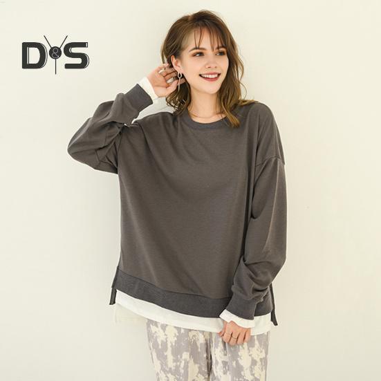 Women Sweatshirt Round Neck Long Sleeve Solid Color Loose Fit Pullover Tops Fake Two Pieces Side Slit Design Casual Sport Tops