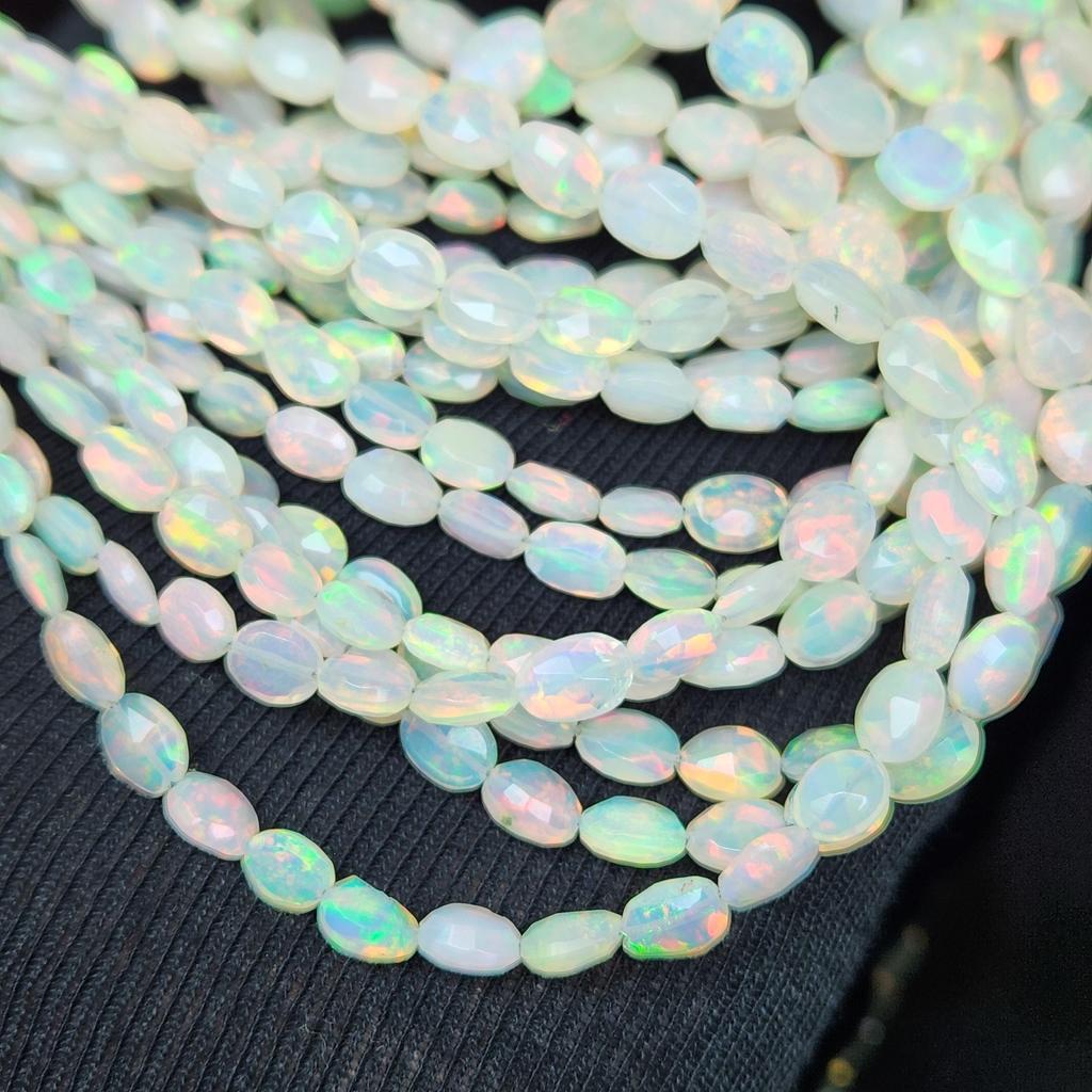 Natural White Faceted Multi Ethiopian Opal Maniya Beads, Multi Fire Gemstone Strand Beads.
