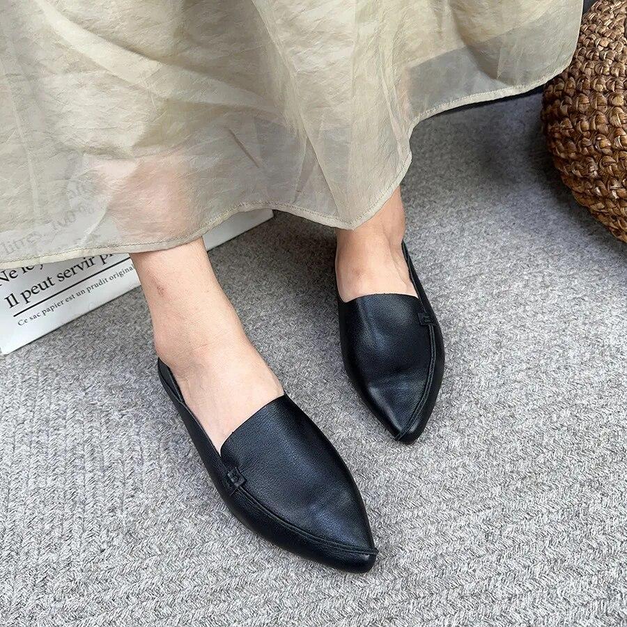 Johnature Retro Women Genuine Leather Pointed Toe Flats Shoes Handmade Shallow Soft Sole Solid Color Slip-on Shoes