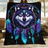 1pc Purple Wolf Dreamcatcher Feather Pattern Blanket Flannel Spiritual Boho Style Throw Gift for Nature Lovers Mystical Design