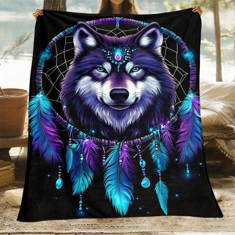 1pc Purple Wolf Dreamcatcher Feather Pattern Blanket Flannel Spiritual Boho Style Throw Gift for Nature Lovers Mystical Design 75X95CM