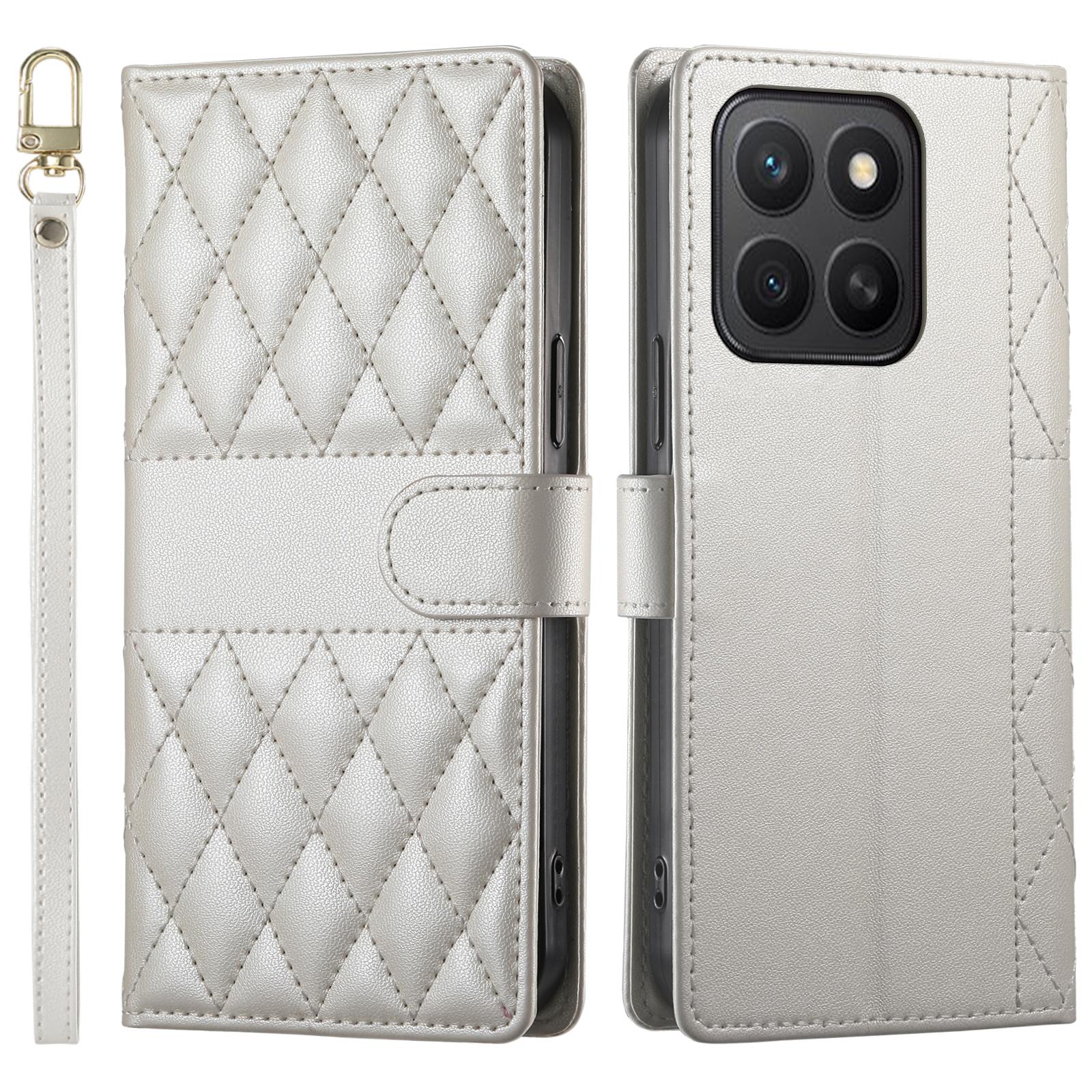 

For Honor X8c 4G Case Rhombus Stitching Wallet Stand Leather Phone Cover with Long/Short Strap F