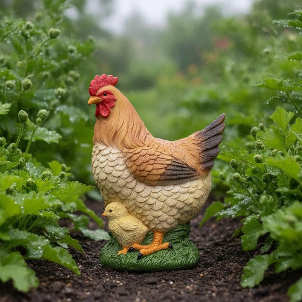 Hen Statue with Chick Outdoor Mother and Hand-Painted for Patio