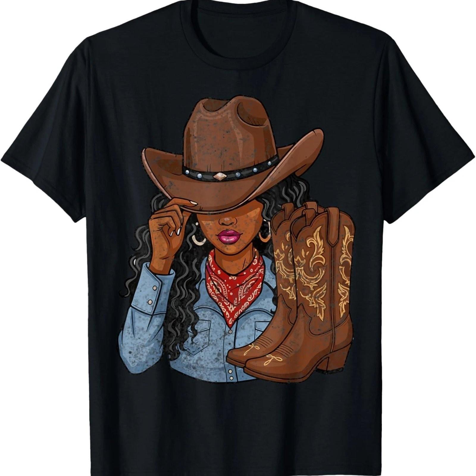 Cowgirl Western Boots Afro Rodeo Melanin Graphic T-Shirt M