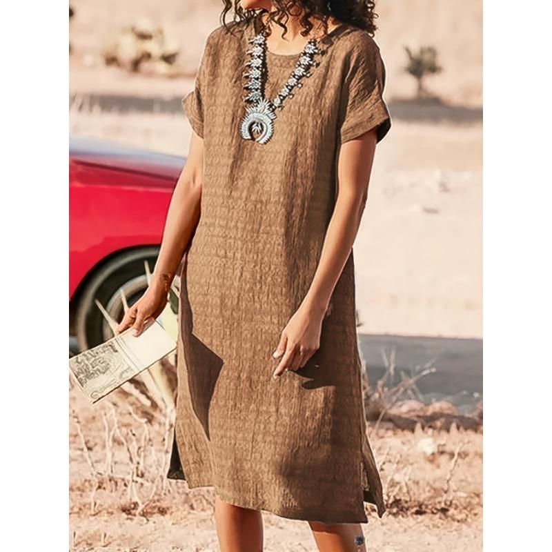 

Новая женская юбка с короткими рукавами, повседневное платье с короткими рукавами, круглым вырезом и разрезом по боковому шву 3XL хаки