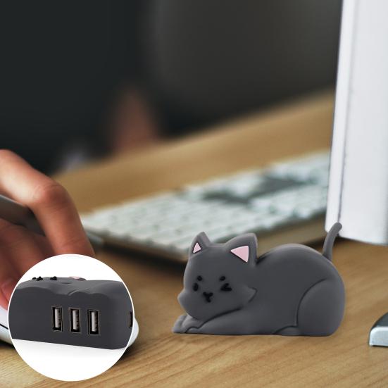 Estação de encaixe USB para laptop em formato de gato preto 3 em 1 multiporta USB 2.0 de alta velocidade USB tipo C Hub adaptador acessórios para PC