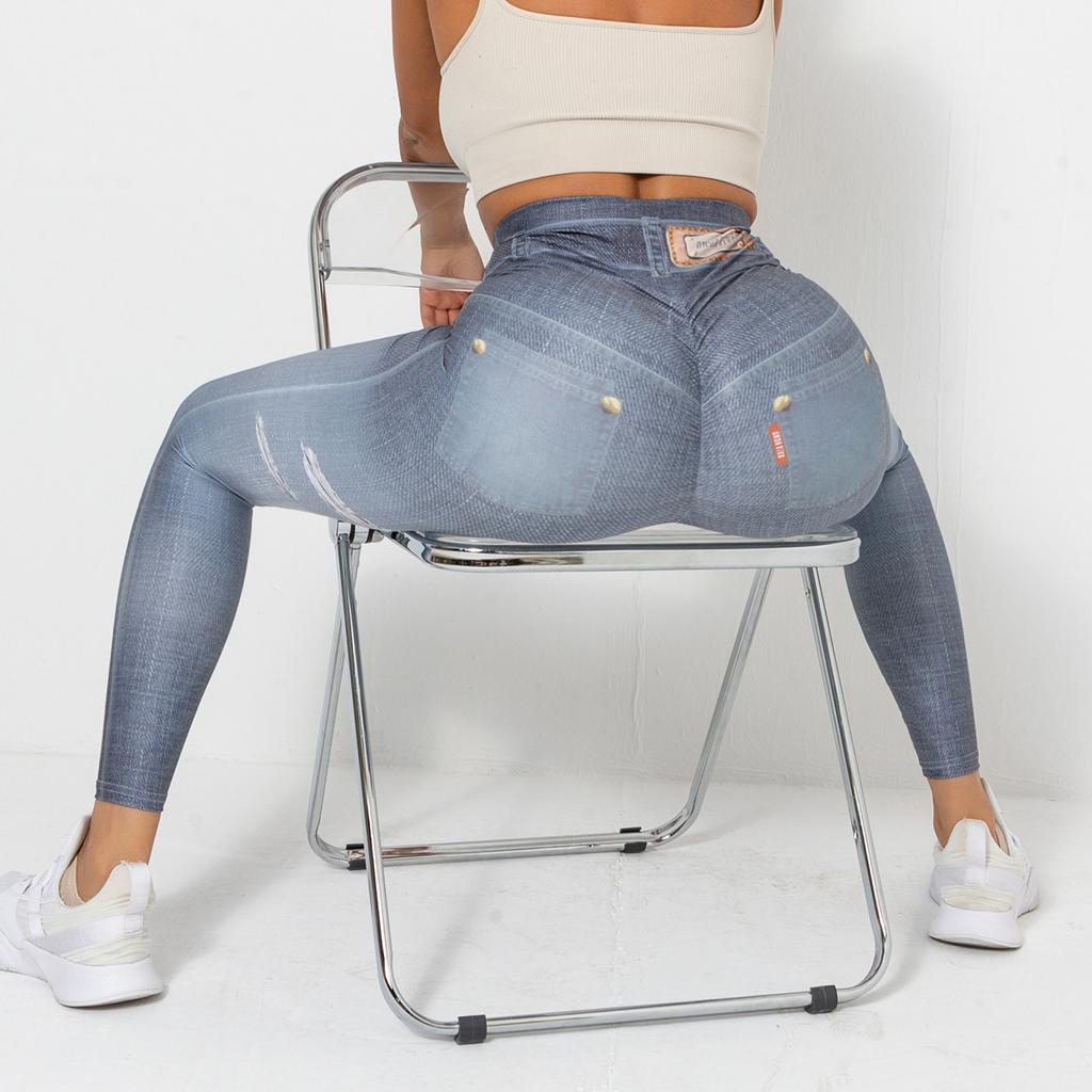 Digital bedruckte Denim-Hose in Blau, enge Höhe, schnelltrocknende Yoga-Hose, Sport-Laufhose, Fitness-Hose für Damen
