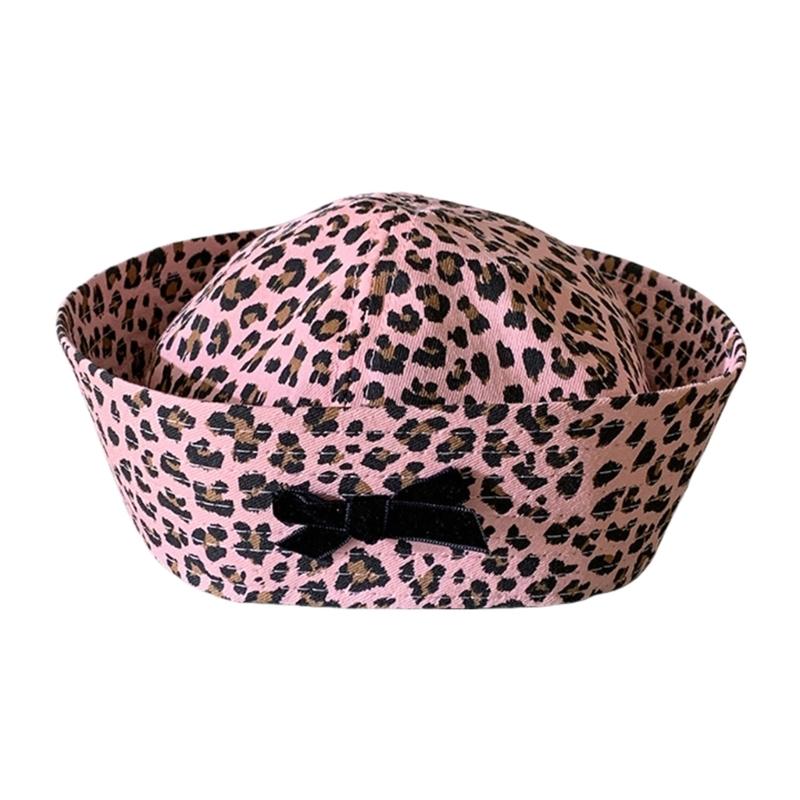 

2000s Sailor Hat for Teens Girl Uniform Leopard Print Bowknot Caps Women Photography Bucket Hat Spring Autumn Sunproof Hat