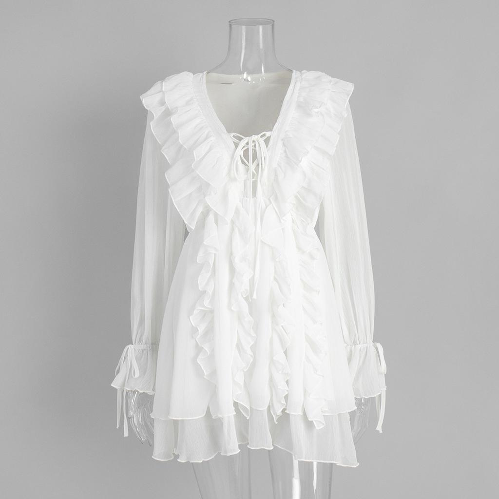 Chiffon Long-sleeved Dress European and American Spring New Lantern Sleeve Lace-up Short Skirt Ruffle Leaf Edge Dress
