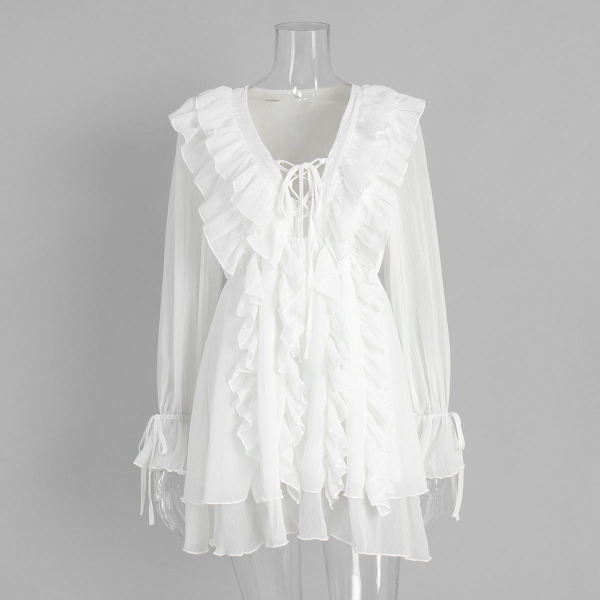 White Ruffle Trim Long Sleeve Elegant Dress S белый