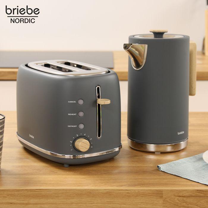 Nordic Ensemble Grille Pain 2 Fentes Larges, Bouilloire Électrique 1,7L Sans BPA Briebe SKT1167GRY 2200W Gris 04025