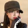 Women S Black Flat Top Beret Hat With Rivets Vintage Street Style Washable Casual