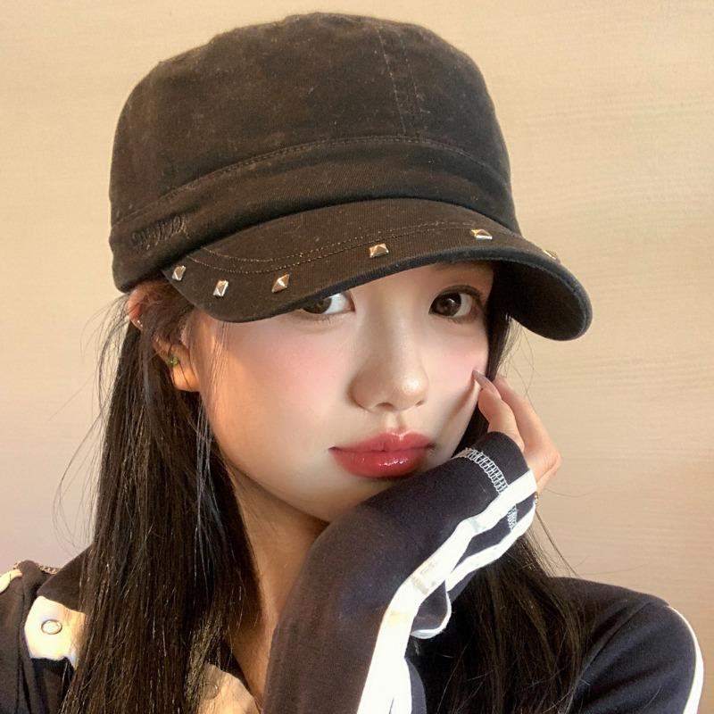 Women S Black Flat Top Beret Hat With Rivets Vintage Street Style Washable Casual