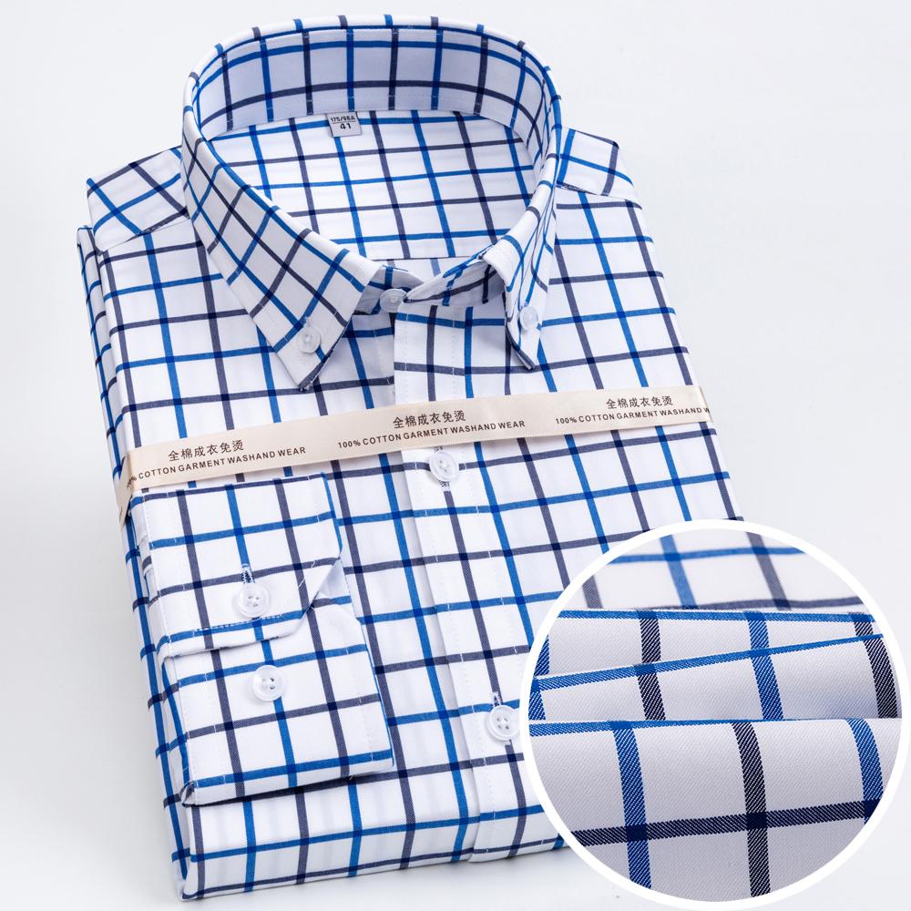 Men's Plaid Spread Collar Wrinkle-Free Long Sleeve Button-Down Shirt, 100% Cotton Regular Fit Business Casual Formal Office Wear