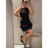 Elegant Mini Dress Women Loose Round Neck Patchwork Feather Sleeveless Robe Female 2024 Fashion Solid Party Chic Evening Dresses