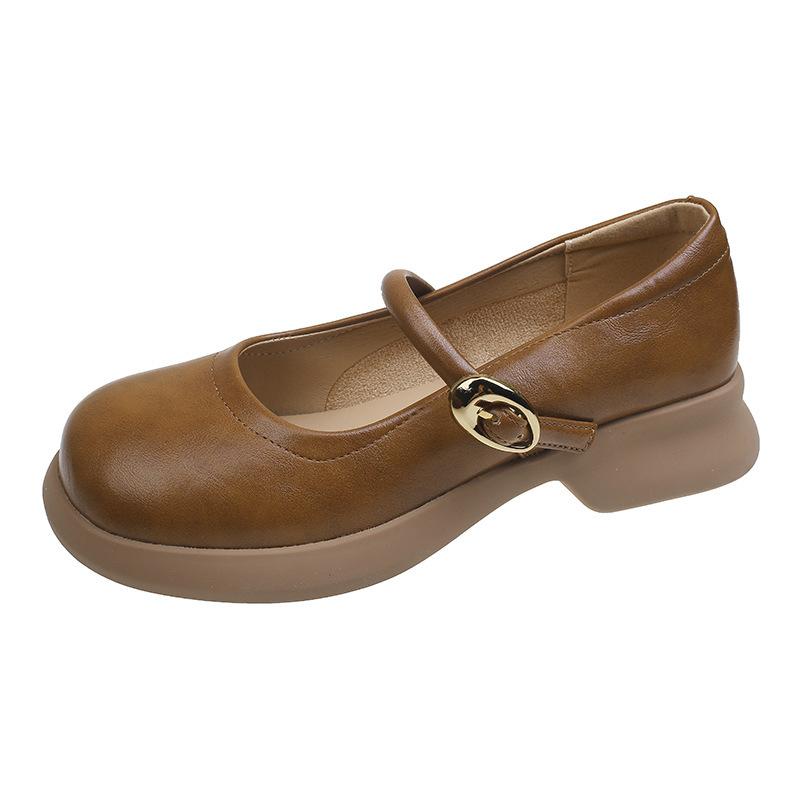 

Французские осенние туфли Мэри Джейн на толстом каблуке, женские 2025, новые, на один слог, с неглубоким вырезом, одинарные туфли с круглым носком, универсальные маленькие кожаные туфли 40 коричневый
