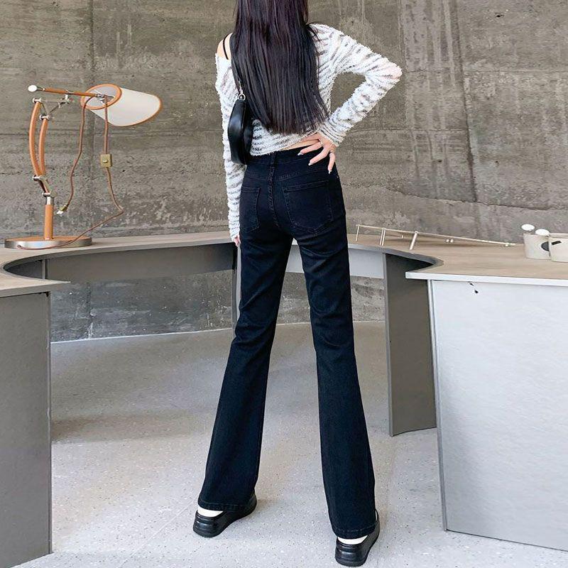 Women's High Waist Black Micro Flare Jeans - Korean Style, Versatile, Elastic, Floor Length Straight Leg for Spring/Summer