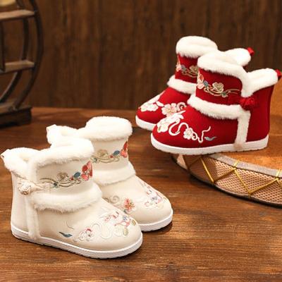 Dziewczęce buty Hanfu w stylu retro chińskim zimowe aksamitne nowe starożytne dziecięce haftowane ciepłe ocieplane dziecięce botki